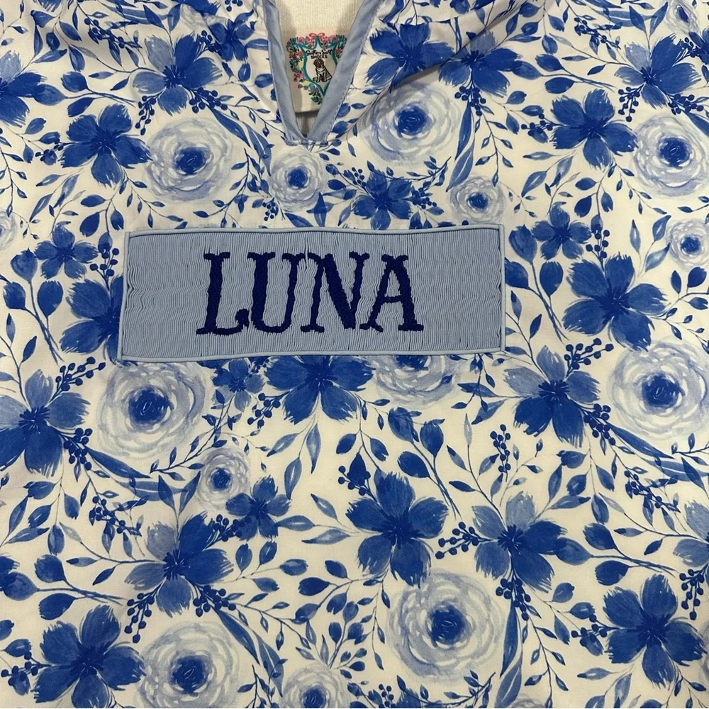 Southern Saint Smocks Blue Floral Ruffles Smocked hooded towel Luna monogram